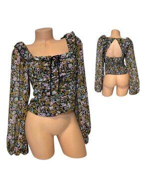 Free People Women Size XS Floral Print Ruffle Square Neck Long Sleeve Blouse Top